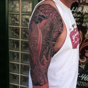 dana helmuth black and grey koi and chrysanthemum sleeve