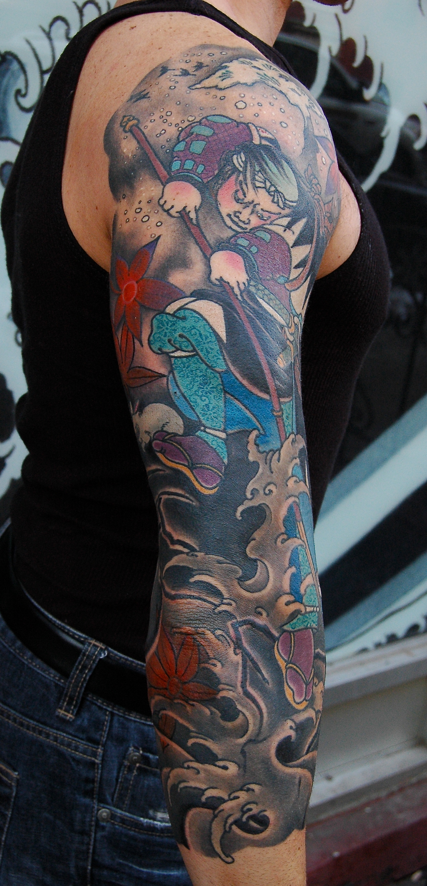 koi and chrysanthemum leg half sleeve tattoo by Dana Helmuth: TattooNOW