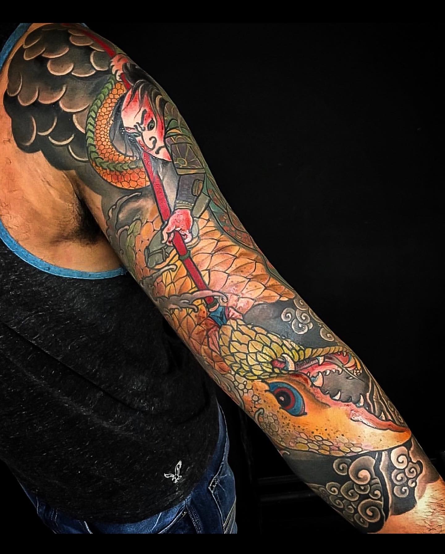 koi and chrysanthemum leg half sleeve tattoo by Dana Helmuth: TattooNOW