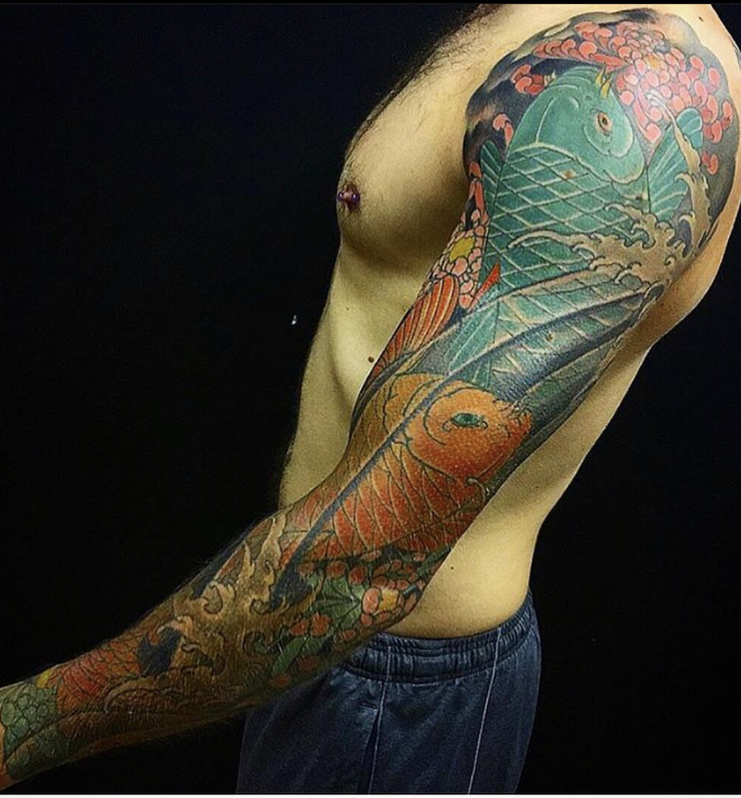 koi and chrysanthemum leg half sleeve tattoo by Dana Helmuth: TattooNOW